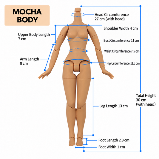 Mocha articulated doll body with measurement guide