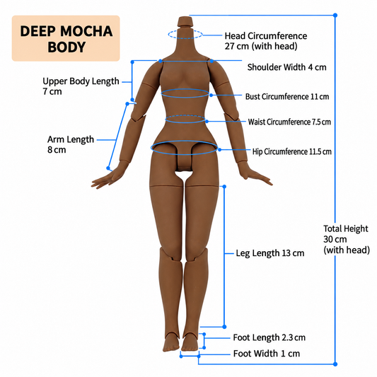 Deep Mocha articulated doll body with measurement guide
