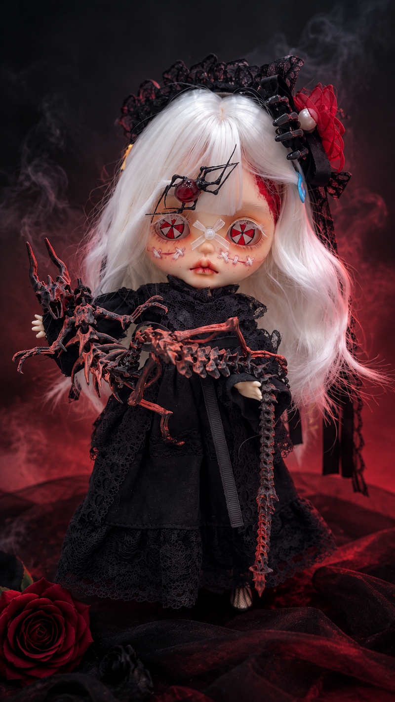 Big-eye art doll with gothic spider styling